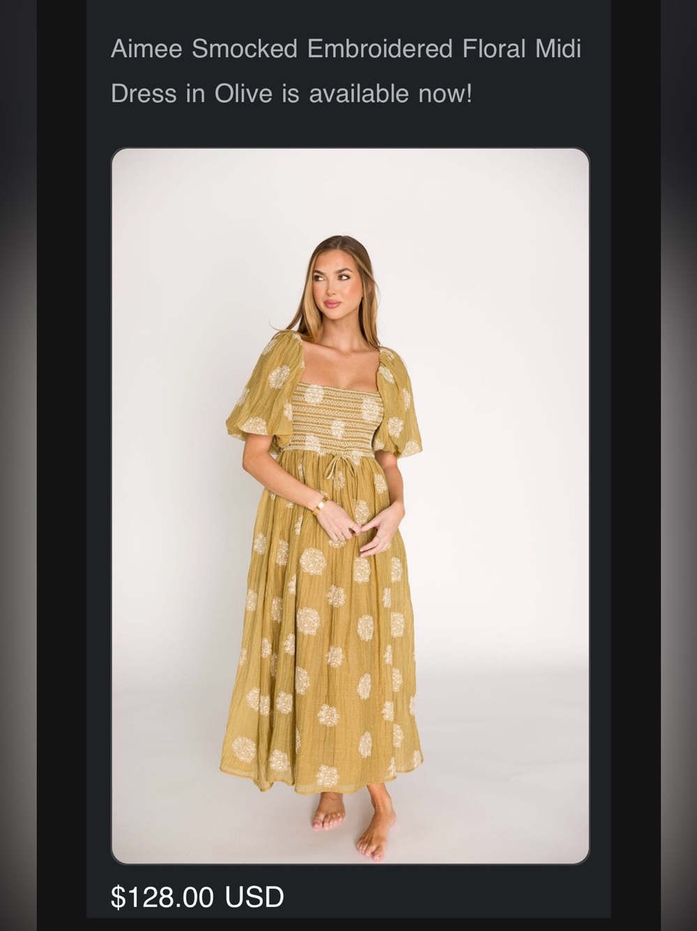 Aime Olive Smocked Maxi Dress with Floral Embroider